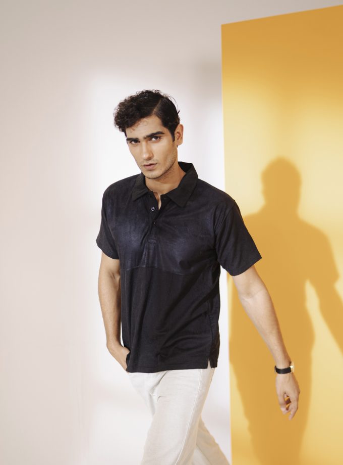 Textured Cotton with Suede Patch Black Polo