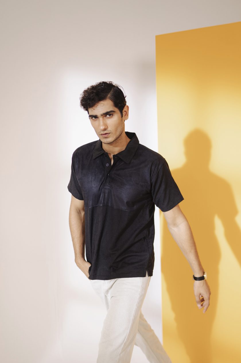 Textured Cotton with Suede Patch Black Polo