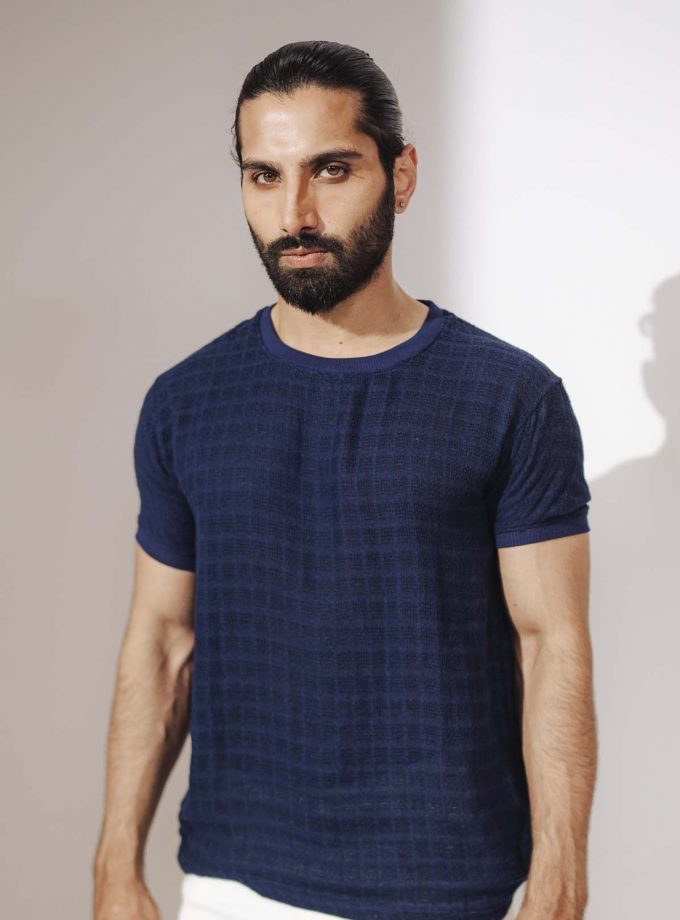 Blue Textured Recycled Fabric Polo Shirt