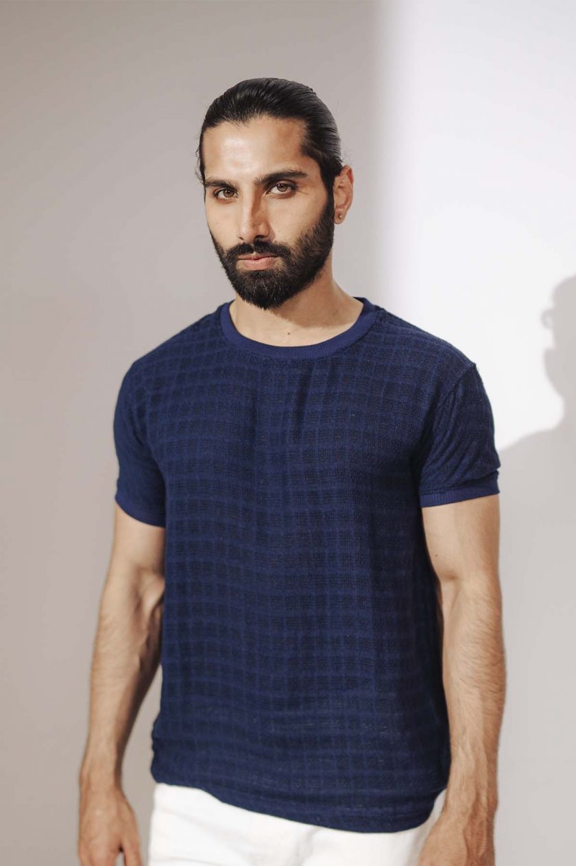 Blue Textured Recycled Fabric Polo Shirt