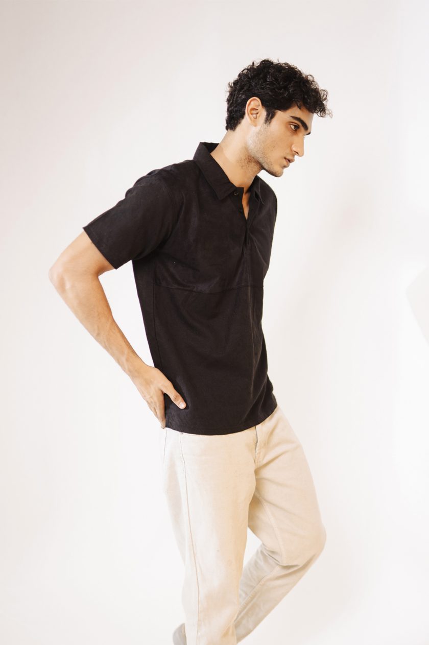 Textured Cotton with Suede Patch Black Polo